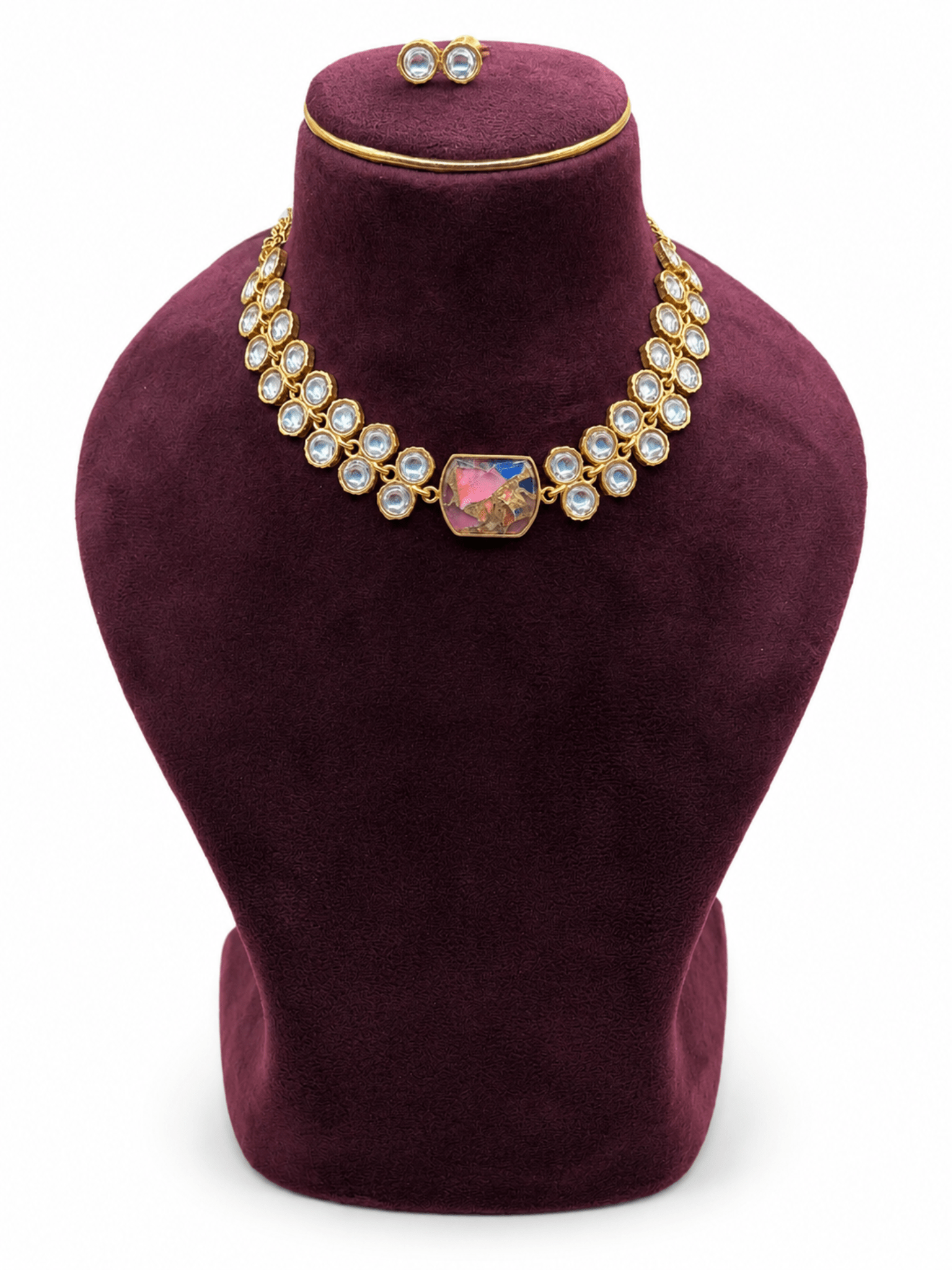 Pink & Blue Mixed Stone Kundan Necklace Set - Suramya Designs