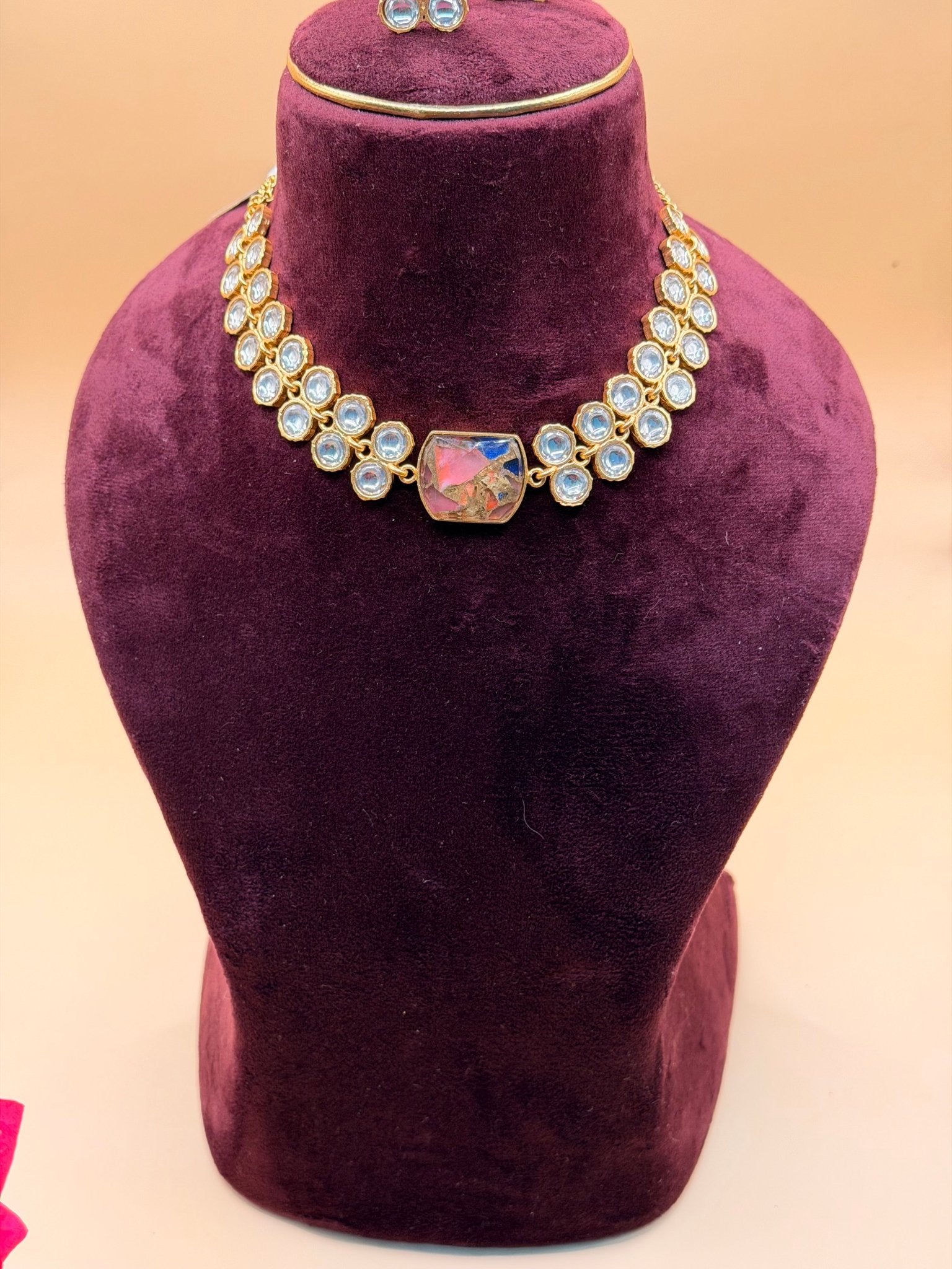 Pink & Blue Mixed Stone Kundan Necklace Set - Suramya