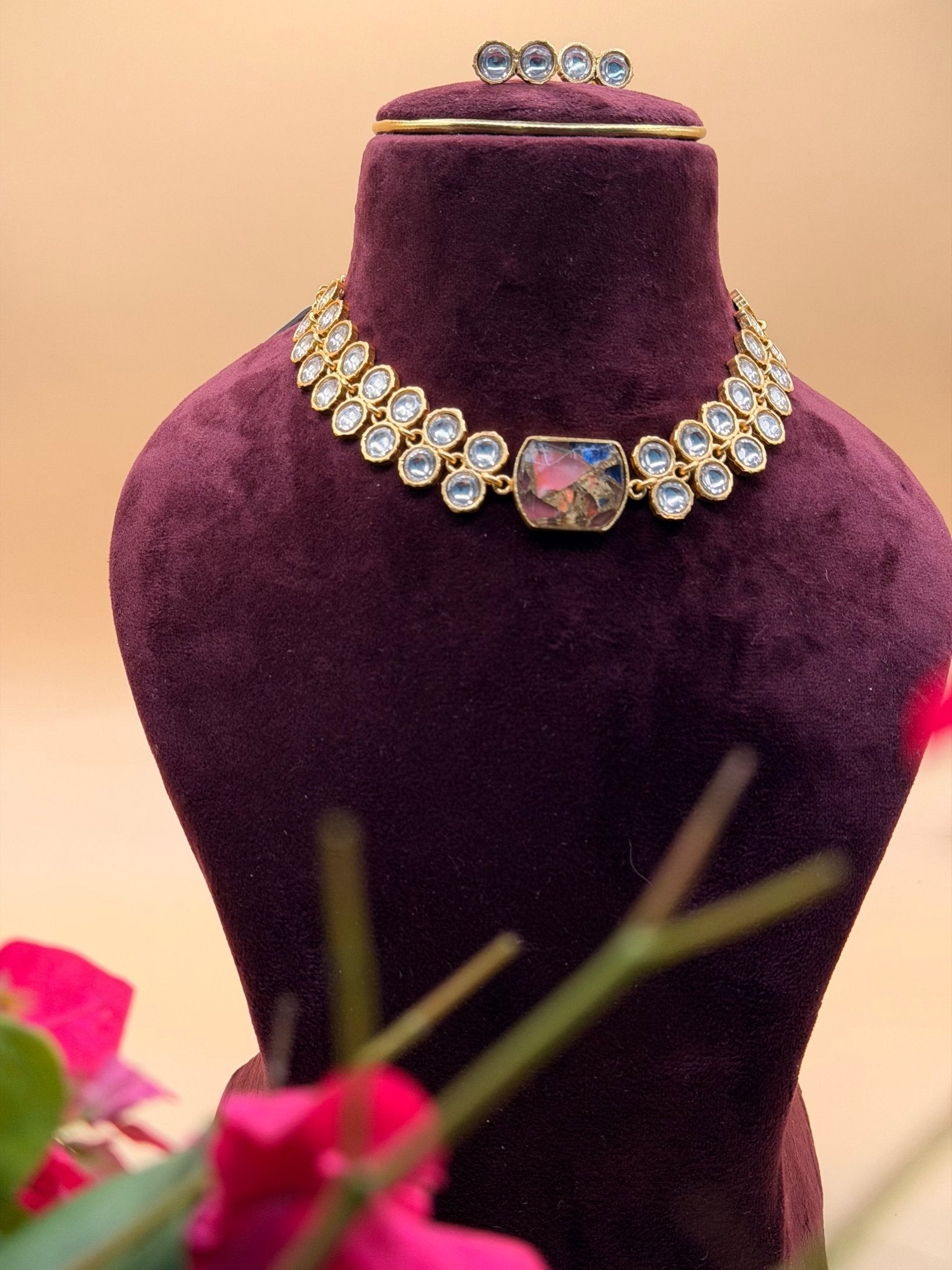 Pink & Blue Mixed Stone Kundan Necklace Set - Suramya