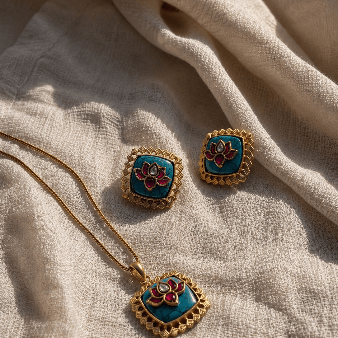 Pond Lotus Pendant Necklace & Earrings Set in Blue and Firoza