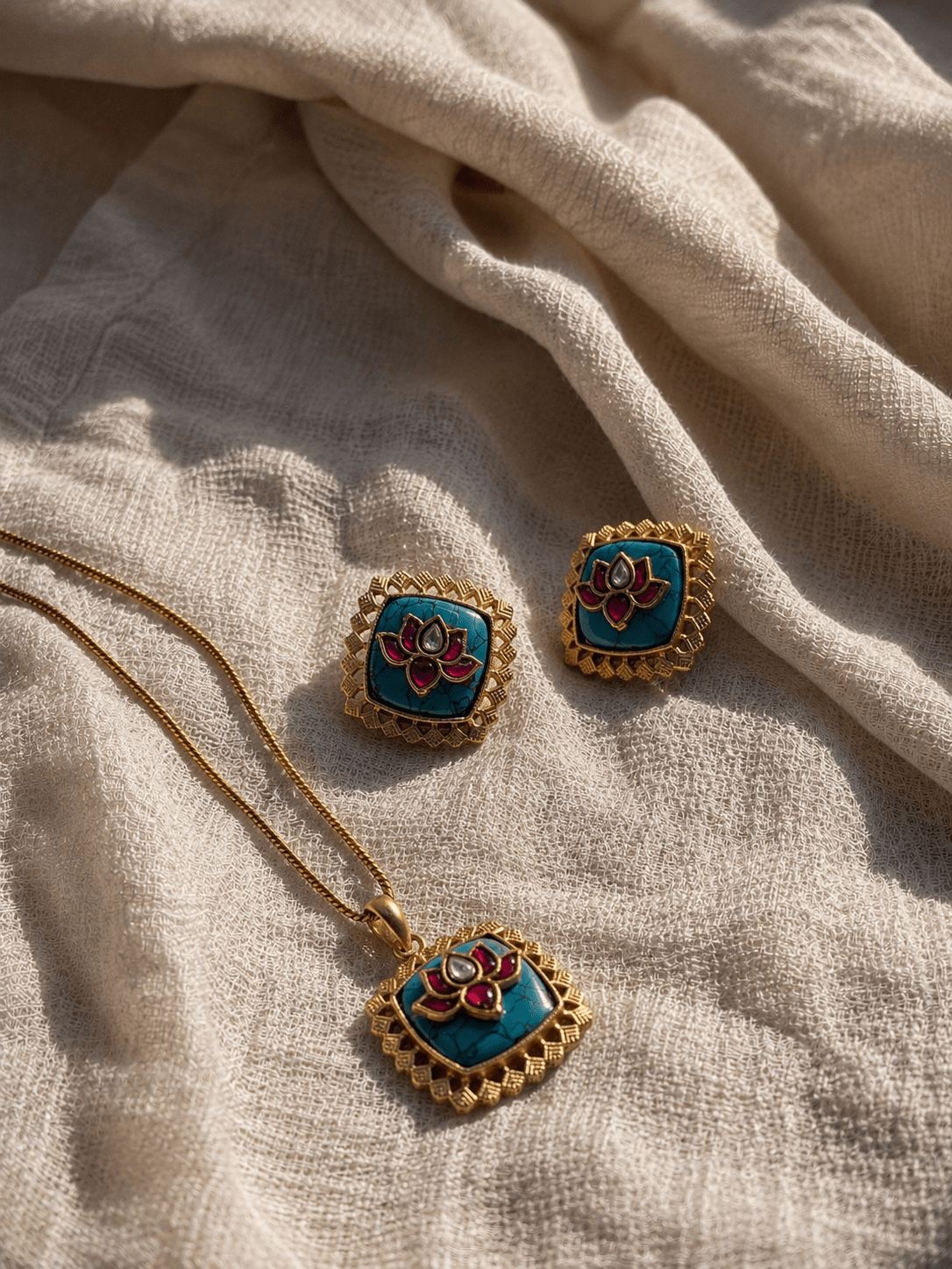 Pond Lotus Pendant Necklace & Earrings Set in Blue and Firoza