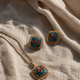 Pond Lotus Pendant Necklace & Earrings Set in Blue and Firoza