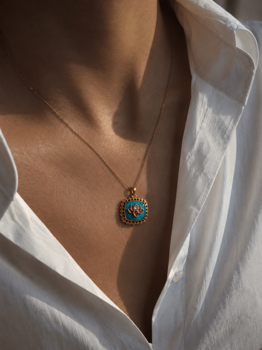 Pond Lotus Pendant Necklace & Earrings Set in Blue and Firoza