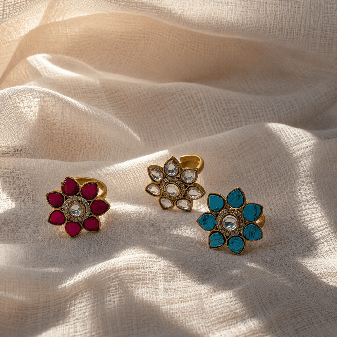 Pushpa Floral Kundan Statement Ring - Suramya Designs