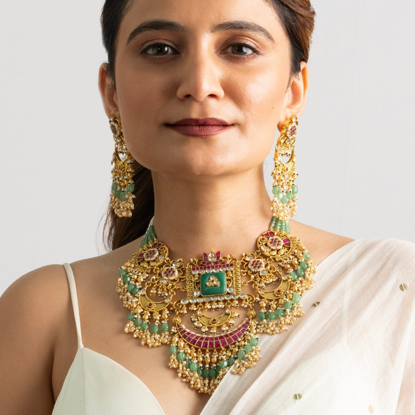 Rajwada Heirloom Kundan & Green Bead Choker Set - Suramya