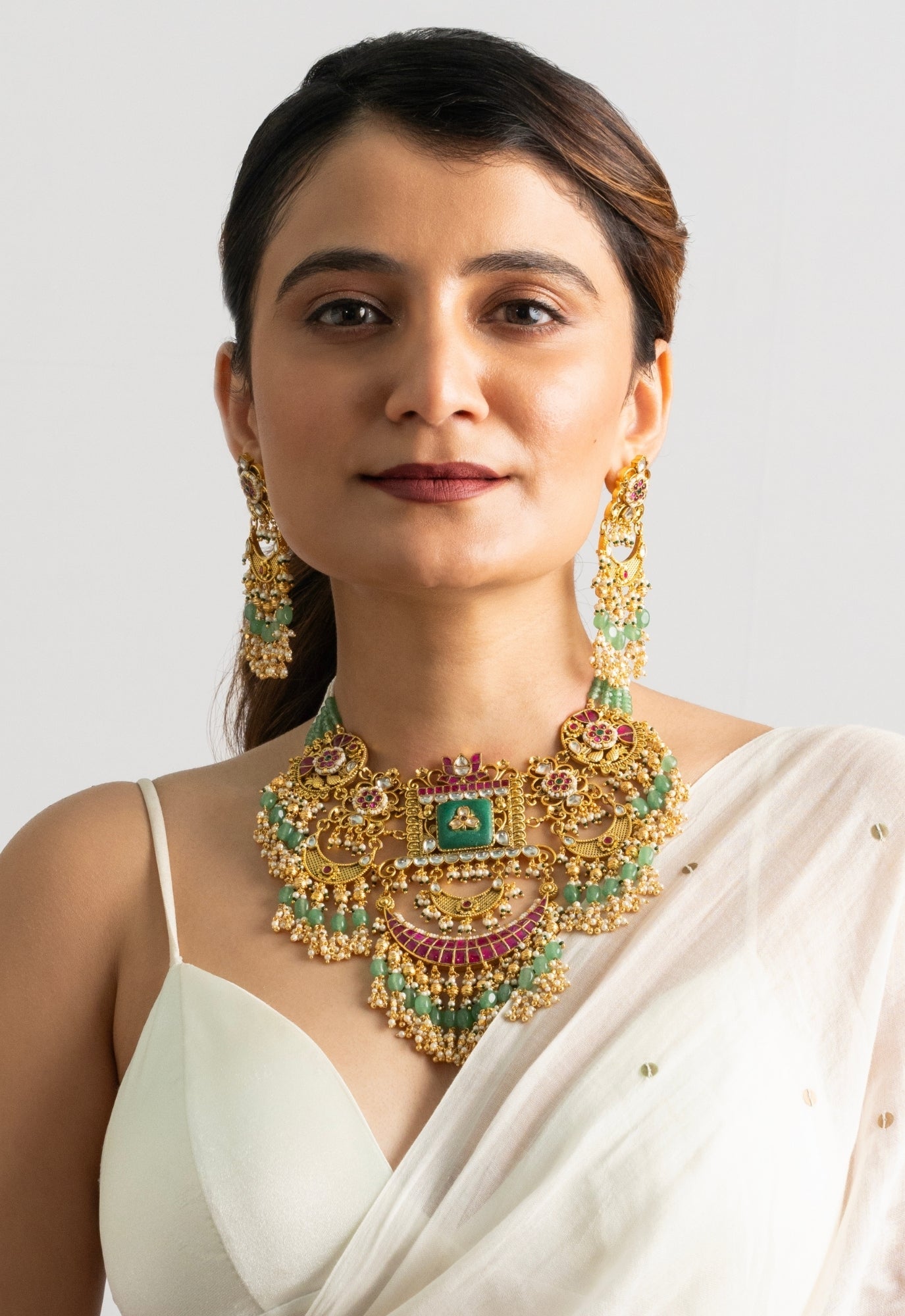 Rajwada Heirloom Kundan & Green Bead Choker Set - Suramya