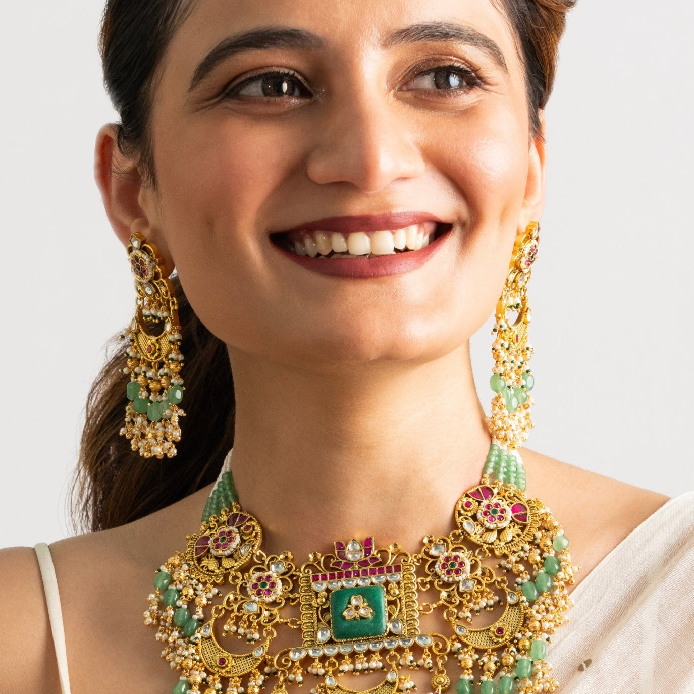 Rajwada Heirloom Kundan & Green Bead Choker Set - Suramya