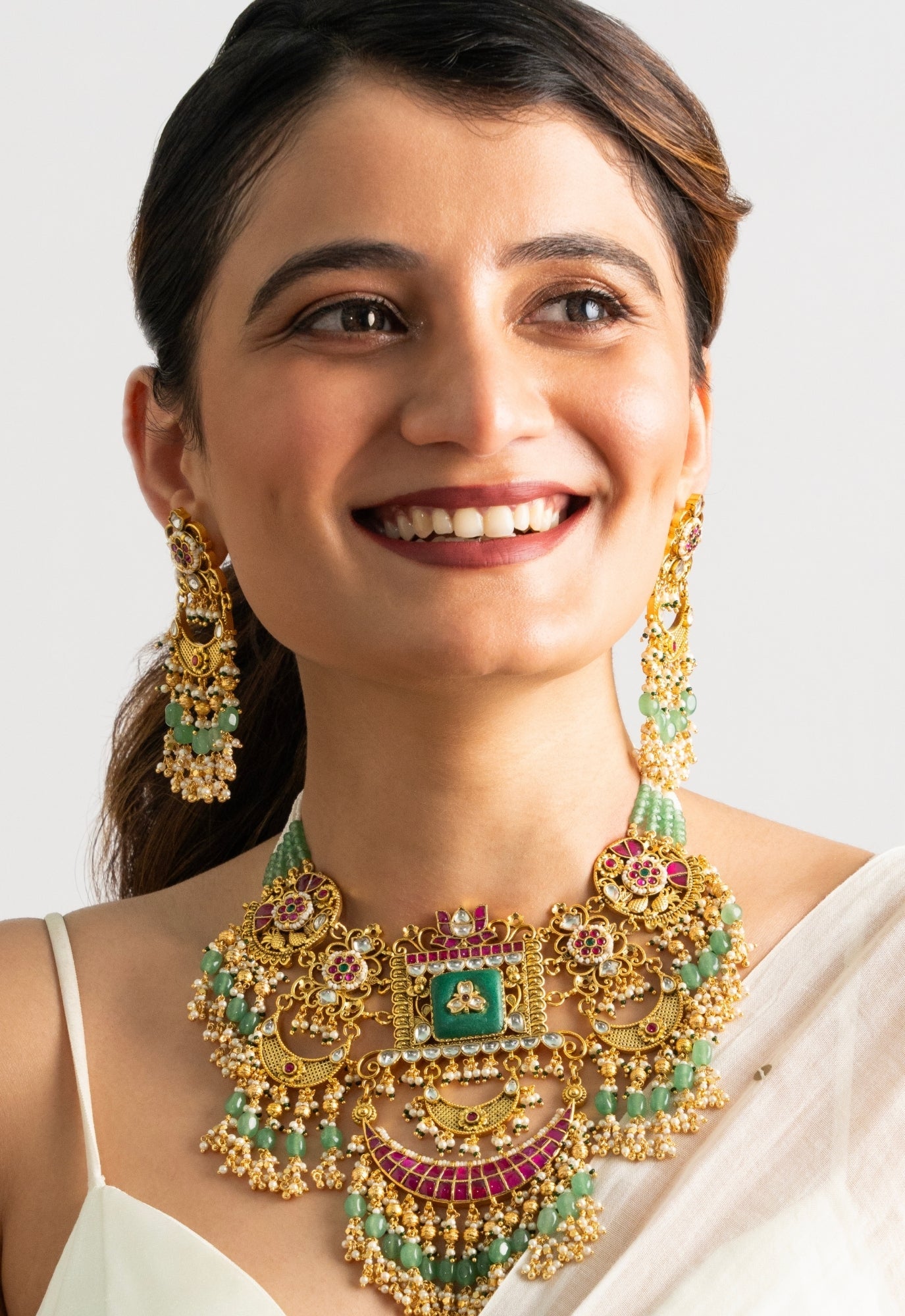 Rajwada Heirloom Kundan & Green Bead Choker Set - Suramya