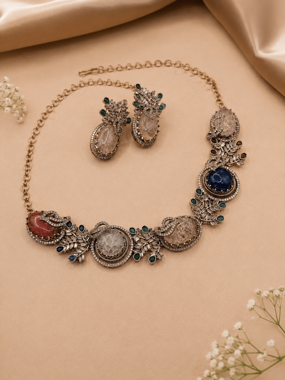 Royal Multistone Victorian Necklace Set with Statement Earrings - Suramya