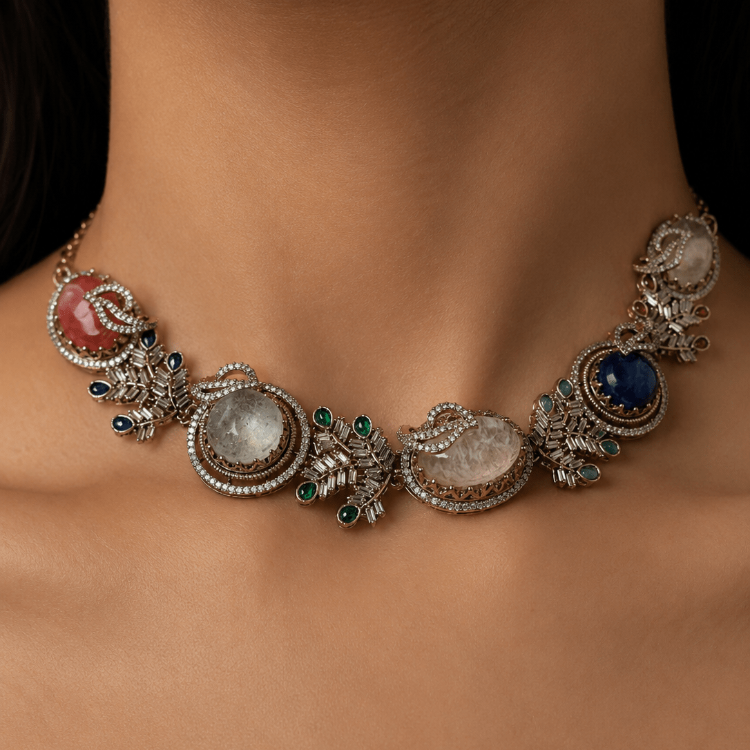 Royal Multistone Victorian Necklace Set with Statement Earrings - Suramya