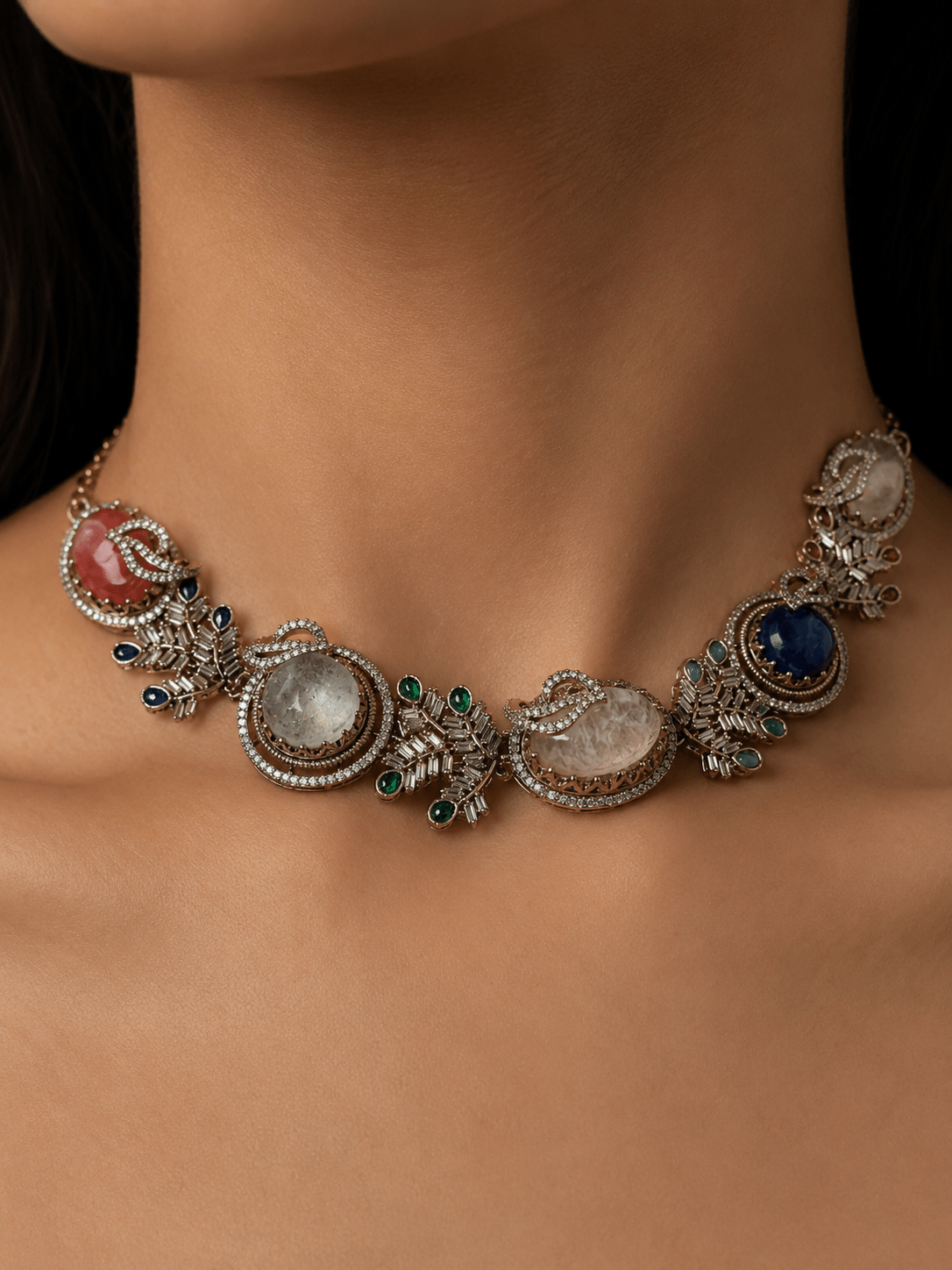 Royal Multistone Victorian Necklace Set with Statement Earrings - Suramya