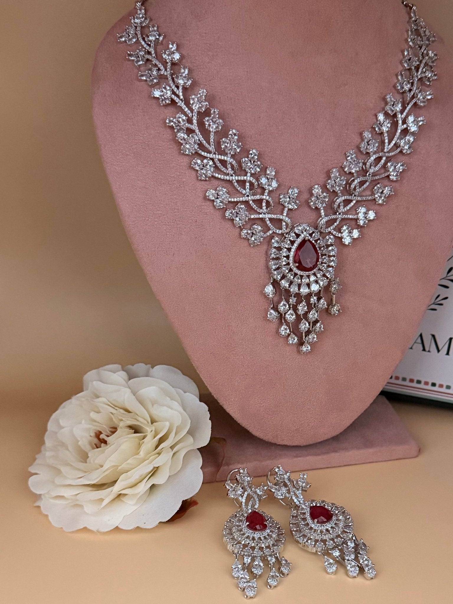 Ruby Blossom American Diamond Necklace Set - Suramya