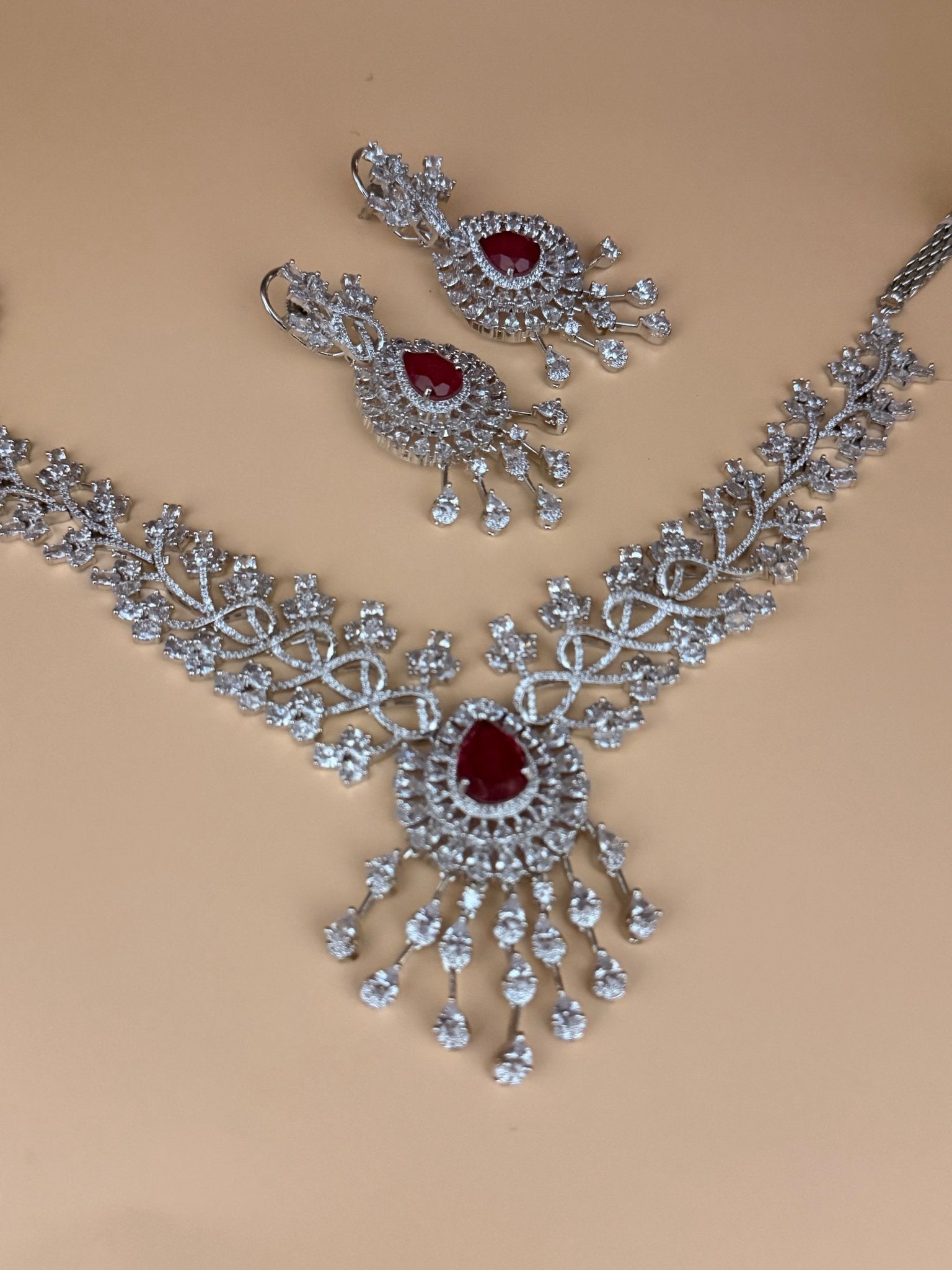 Ruby Blossom American Diamond Necklace Set - Suramya