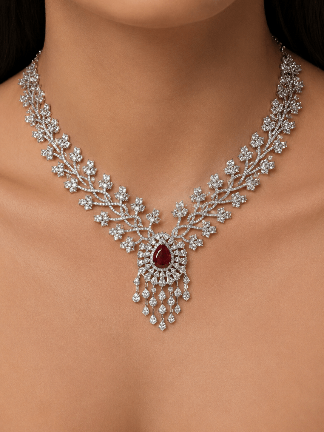 Ruby Blossom American Diamond Necklace Set - Suramya