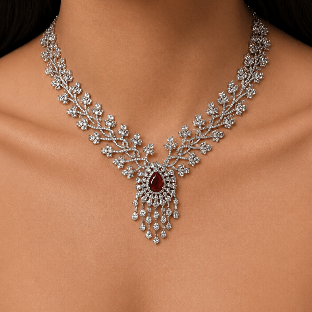 Ruby Blossom American Diamond Necklace Set - Suramya Designs