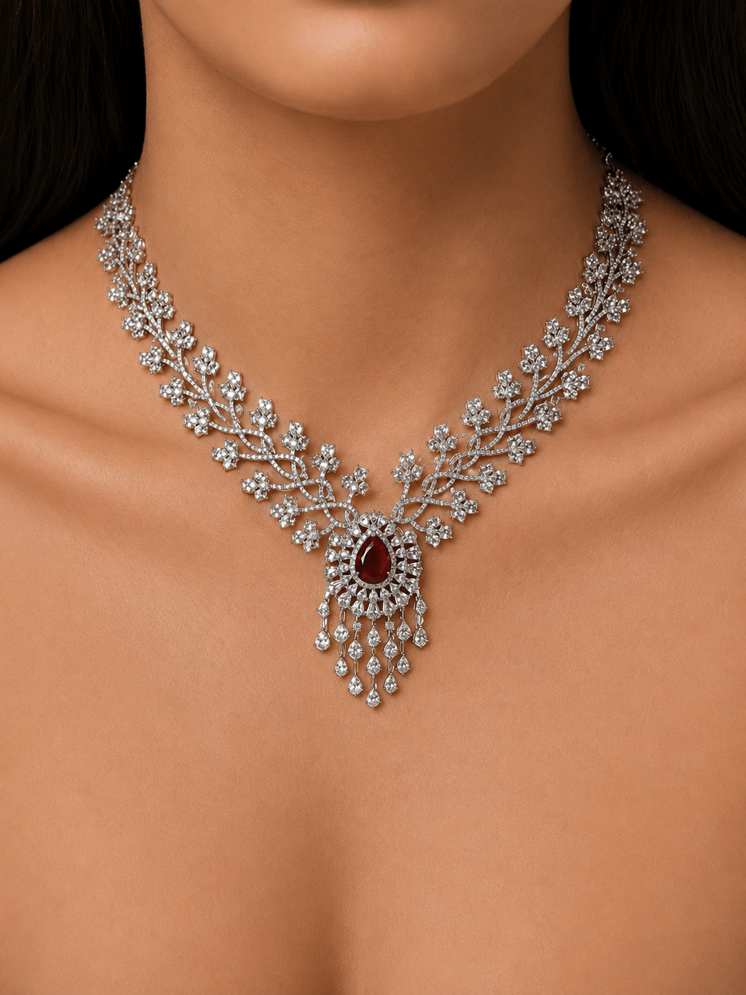 Ruby Blossom American Diamond Necklace Set - Suramya Designs
