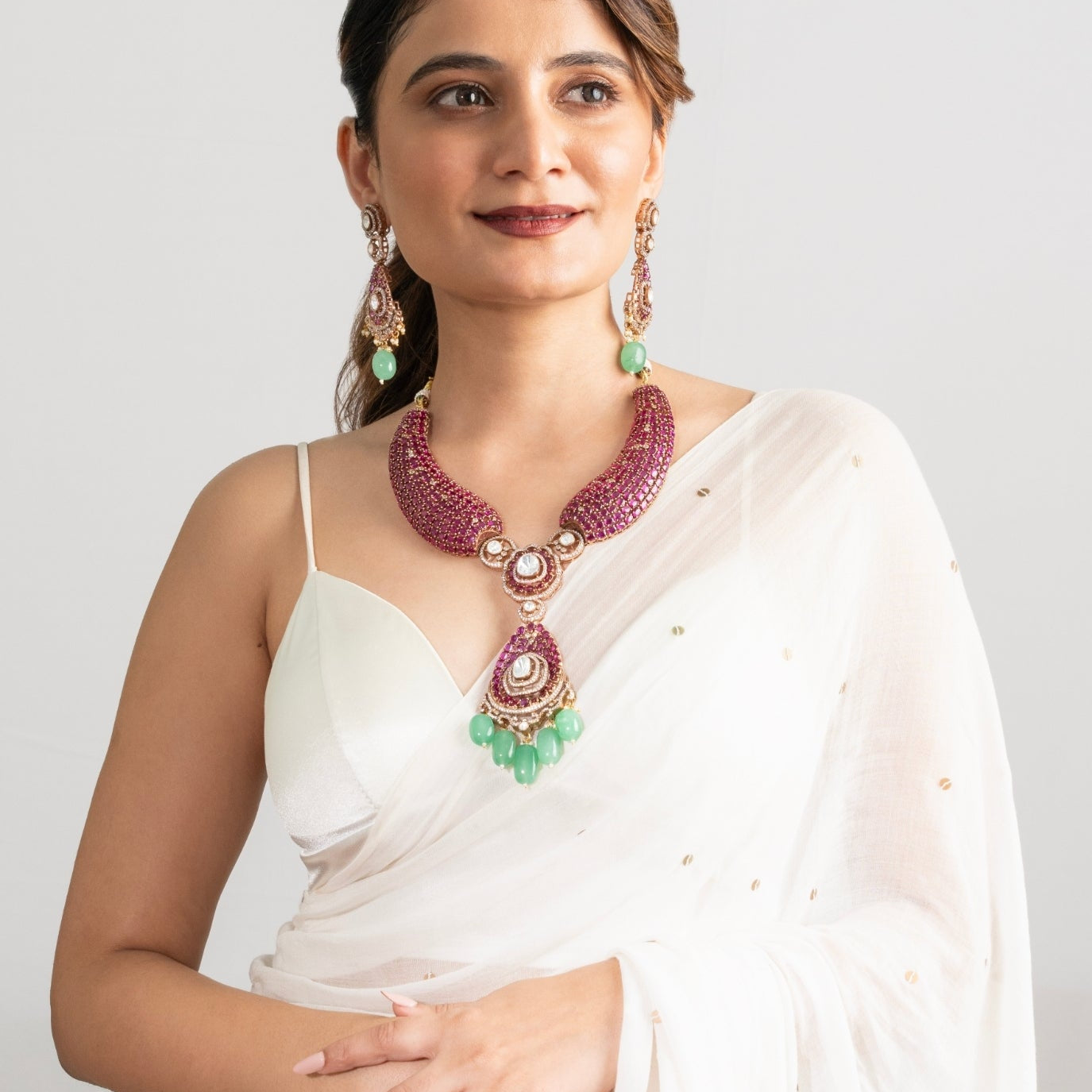 Ruby & Mint Drop Kundan Necklace Set - Suramya