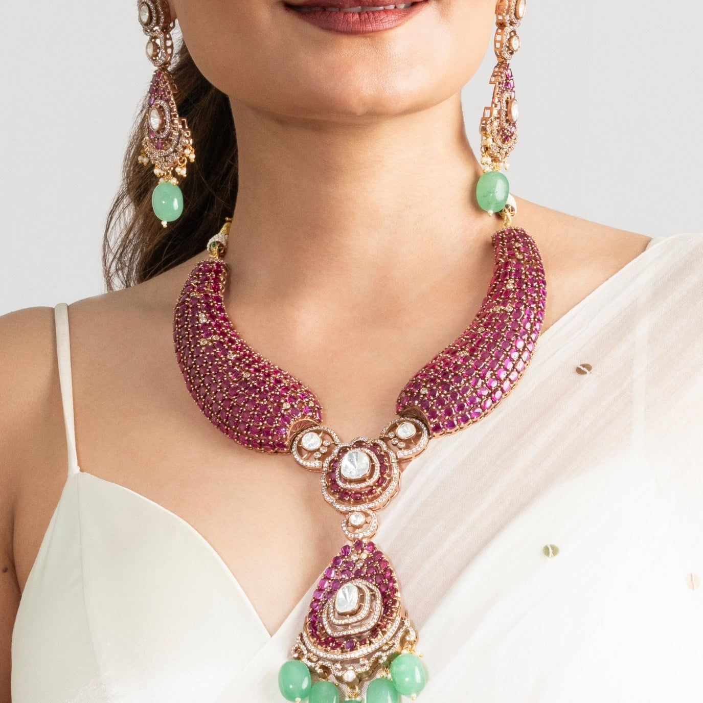 Ruby & Mint Drop Kundan Necklace Set - Suramya