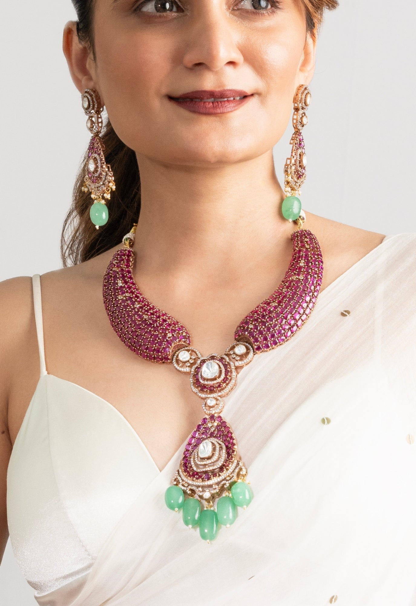 Ruby & Mint Drop Kundan Necklace Set - Suramya