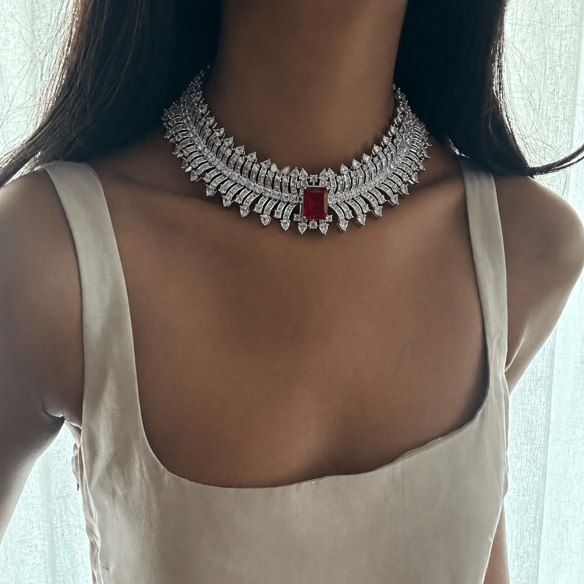 Ruby Zirconia & American Diamond Choker Necklace Set - Suramya