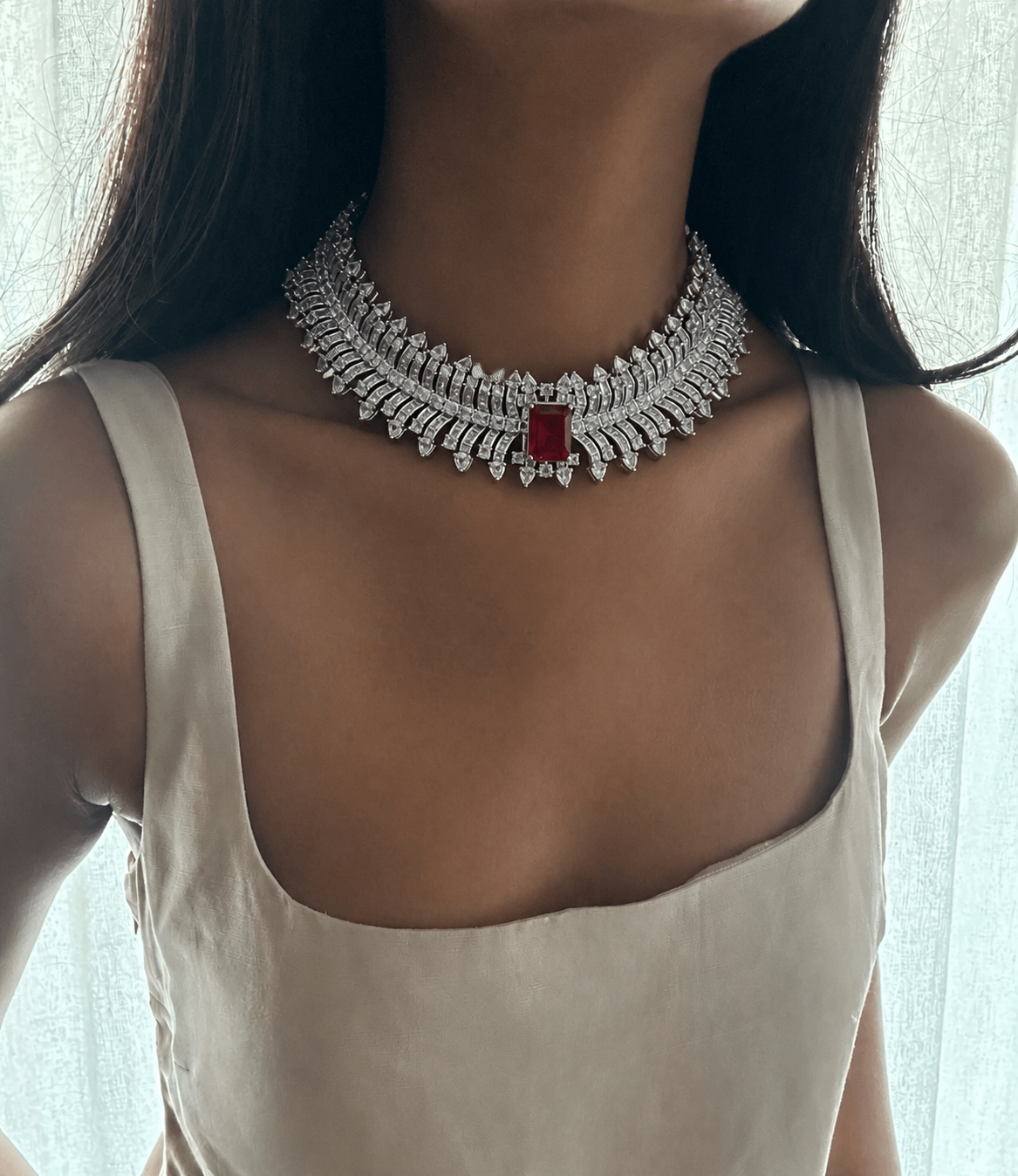 Ruby Zirconia & American Diamond Choker Necklace Set - Suramya