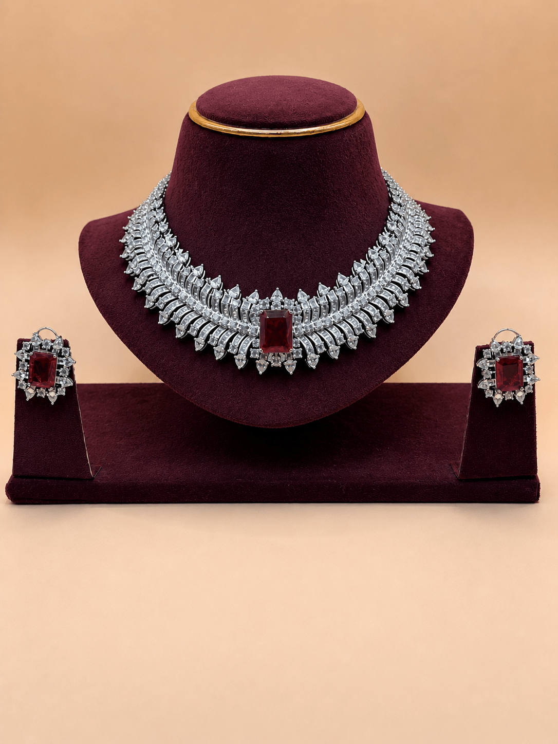 Ruby Zirconia & American Diamond Choker Necklace Set - Suramya