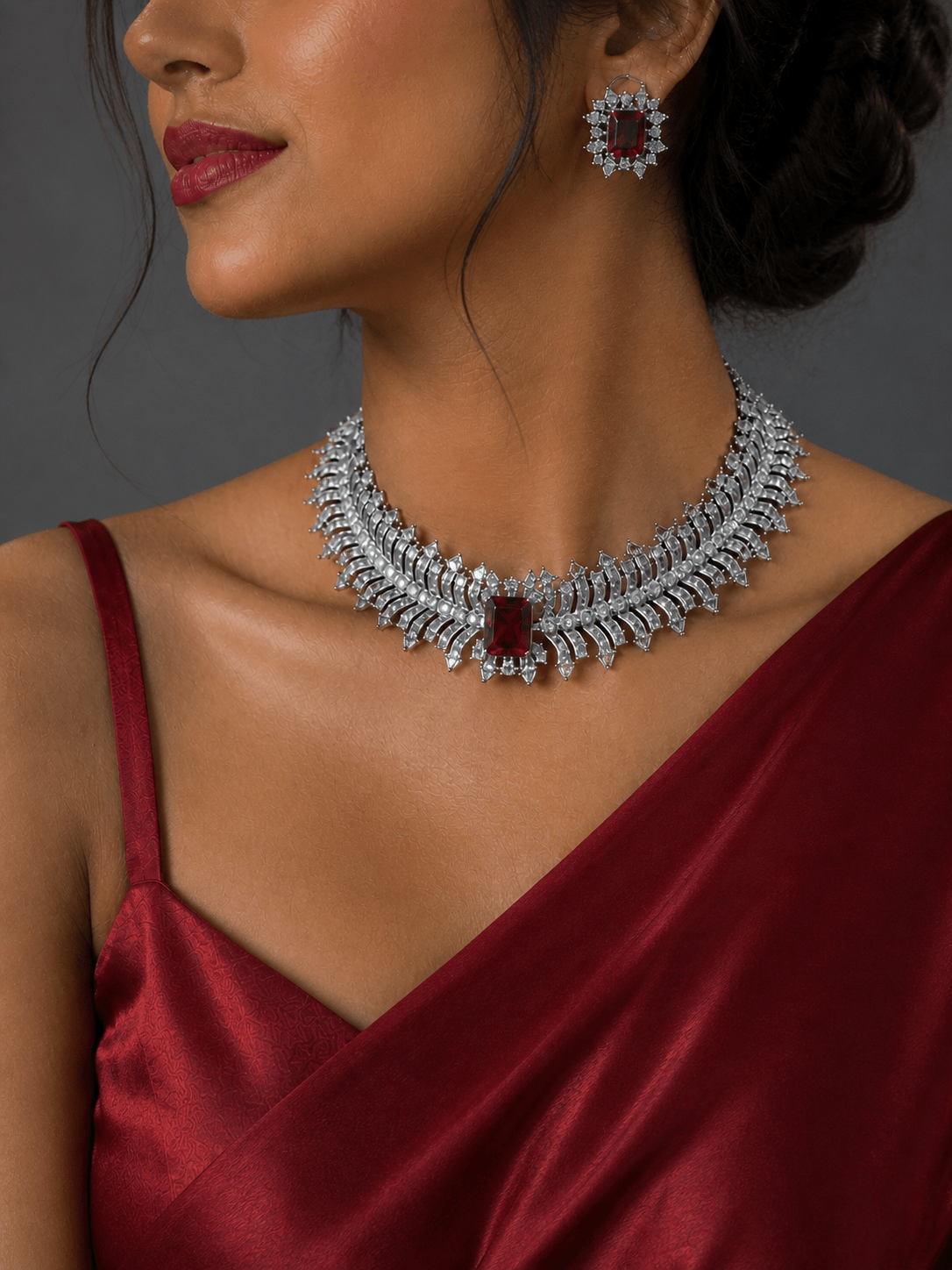 Ruby Zirconia & American Diamond Choker Necklace Set - Suramya