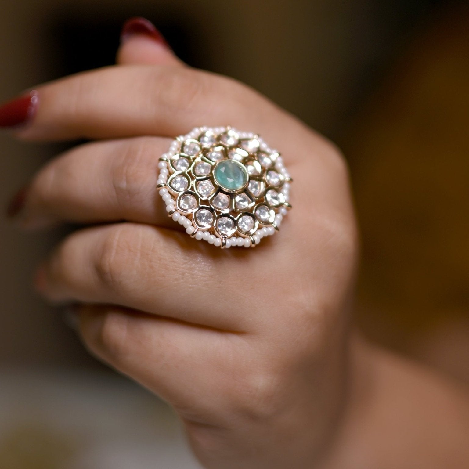 Sea-Green Mystique Kundan Ring - Suramya