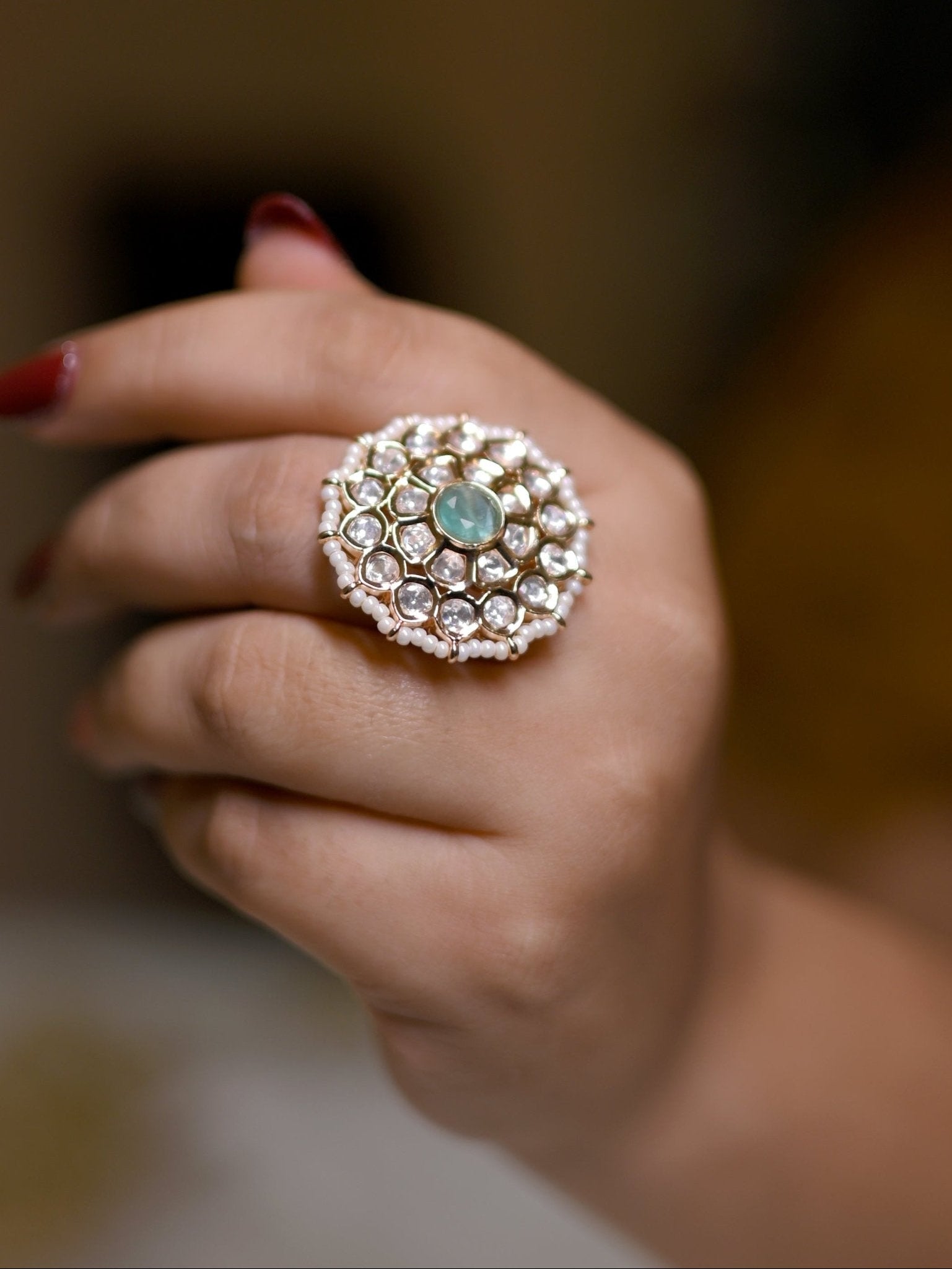 Sea-Green Mystique Kundan Ring - Suramya