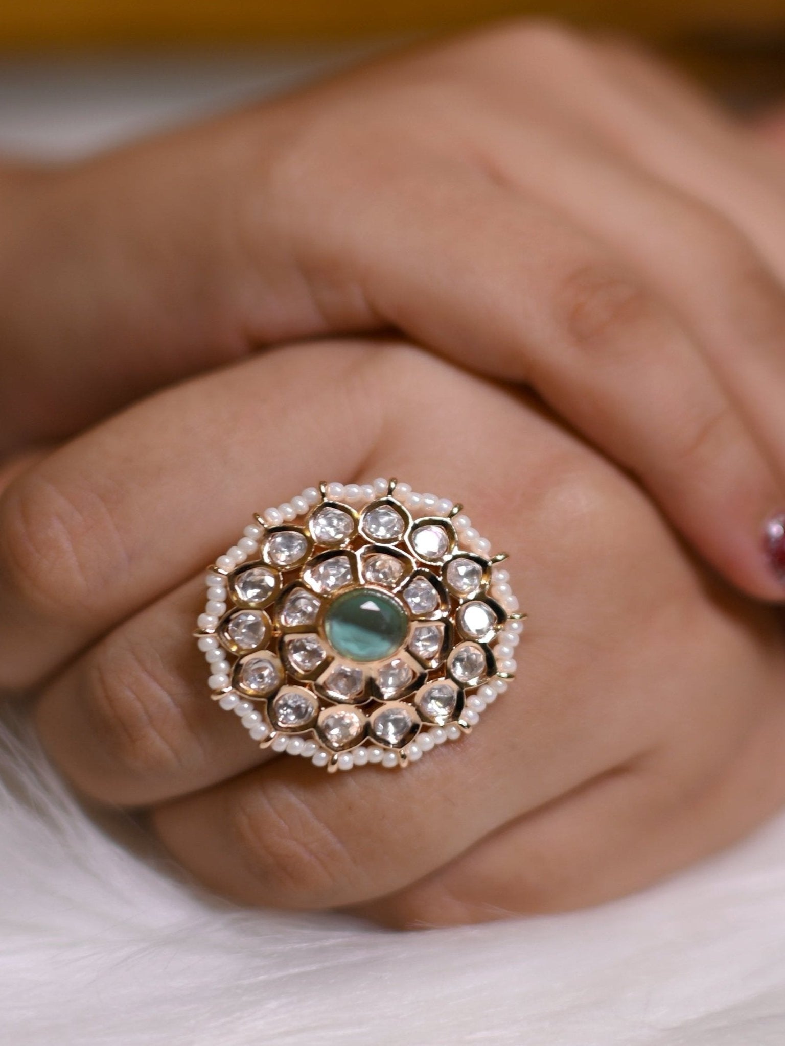 Sea-Green Mystique Kundan Ring - Suramya