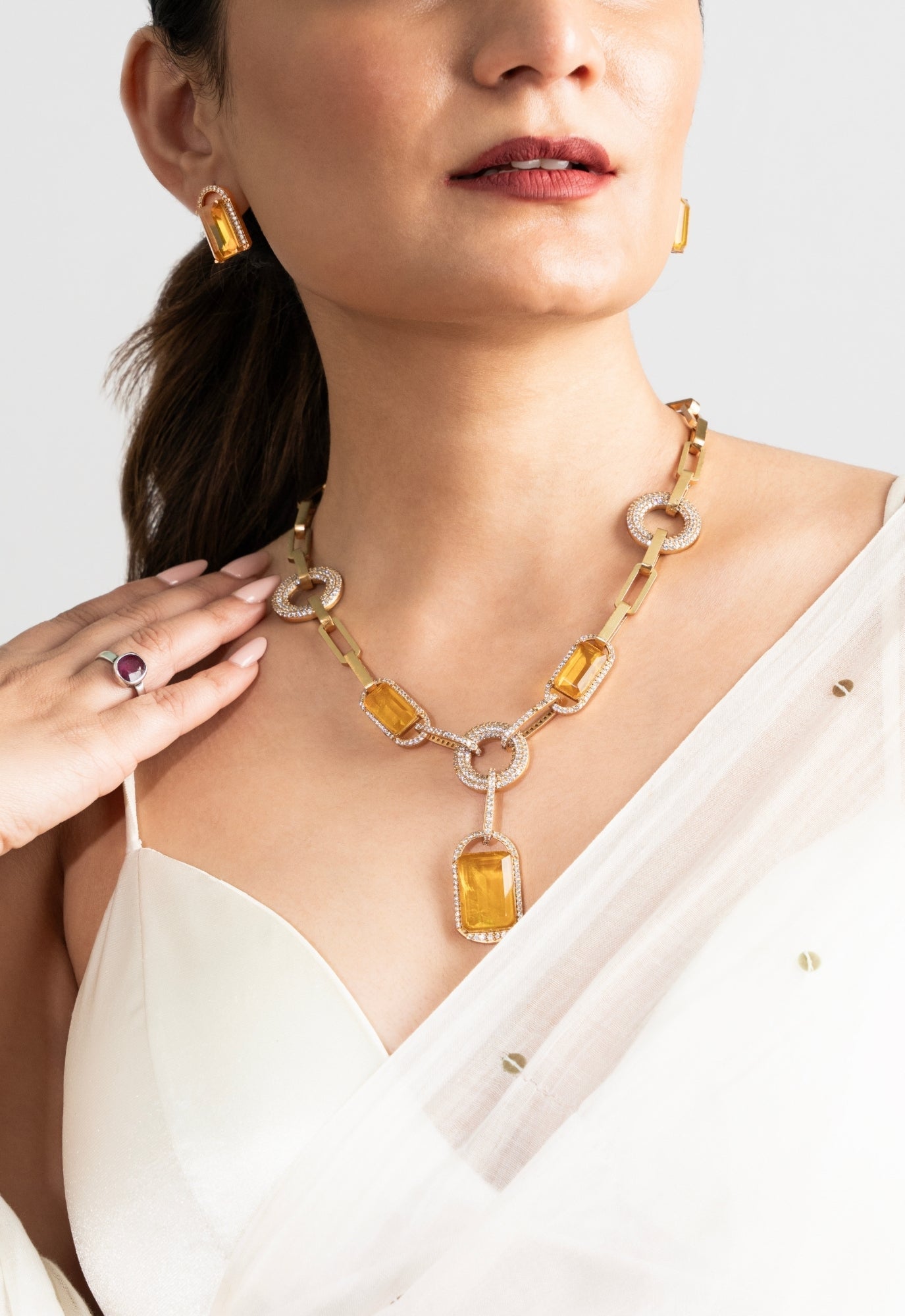 Zehra 22K Gold-Plated Citrine Link Necklace Set - Suramya